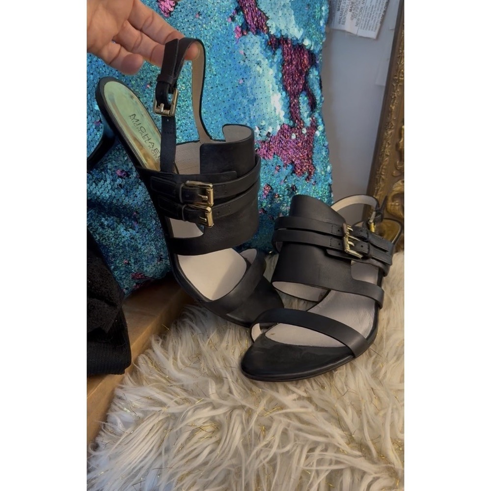 Michael Kors Sandals Sz 11 Melanie Gold Buckle Slingback Stiletto Leather Black - Picture 3 of 16